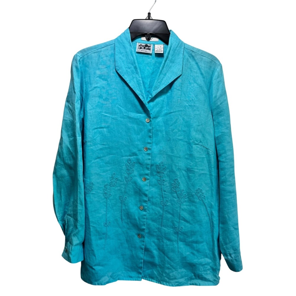 Edward 100% Irish Linen Resortwear Nautical Button Up Top M Aqua‎ Long Sleeve